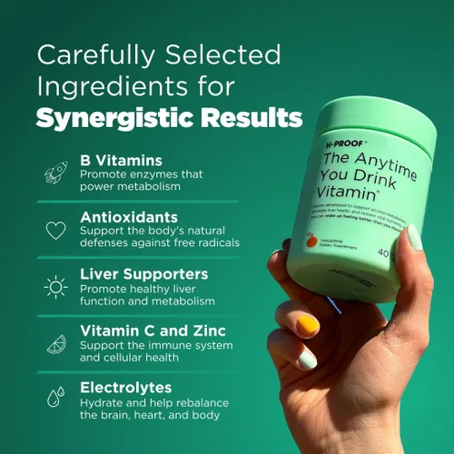 Miniatura 9 de H-PROOF The Anytime You Drink Vitamina, Salud Hepática e Inmunidad Apoyo con electrolitos, cardo mariano y vitaminas B y C – 40 tabletas masticables