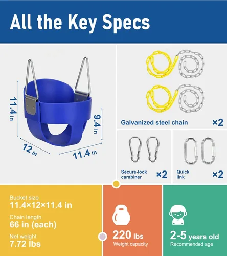 Miniatura 7 de Columpio de respaldo alto con cadenas recubiertas y protección triangular para mayor seguridad, columpio para bebé al aire libre con hebillas de Azul
