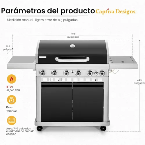 Miniatura 6 de Captiva Designs - Barbacoa de gas propano de 6 quemadores con quemador lateral y rejilla y placa de hierro fundido esmaltada en porcelana