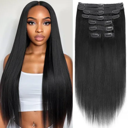 Miniatura 47 de Extensiones de cabello humano real con clip, 8 unidades, cabello humano Remy liso de seda suave natural, 4.23 oz, 20 pulgadas, negro natural #1B, 8