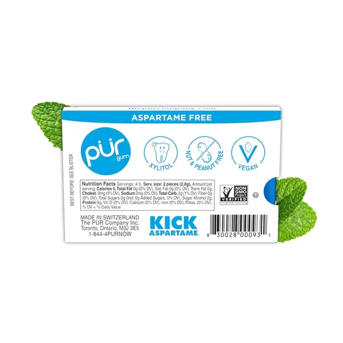 Miniatura 3 de PUR Gum Chicle sin aspartamo 100% xilitol Chicle con sabor natural a menta piperita, 9 piezas (paquete de 12)