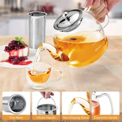 Miniatura 5 de Tetera de vidrio, tetera de 33 onzas / 33.8 fl oz con infusor extraíble, tetera transparente para té de hojas sueltas y té floreciente, hervidor
