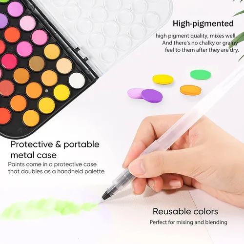 Miniatura 5 de GETHPEN Pintura de acuarela, juego de pintura de acuarela, juego de pintura de acuarela lavable de 48 colores con pincel, bolígrafo de agua Negro
