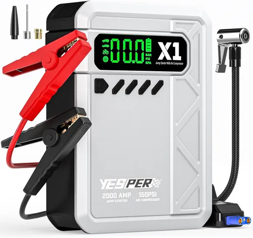 Miniatura 10 de YESPER Arrancador con Compresor de Aire 2000A 150PSI Arrancador de Batería Portátil (8L Gas/6L Diésel), Cargador de Batería de 12V Paquete