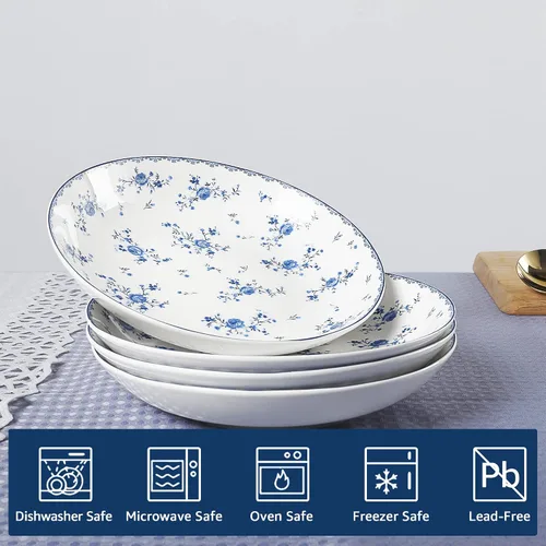 Miniatura 2 de fanquare Juego de 4 cuencos de ensalada de porcelana de 8 pulgadas, platos florales redondos para sopa, pasta, postre, fruta