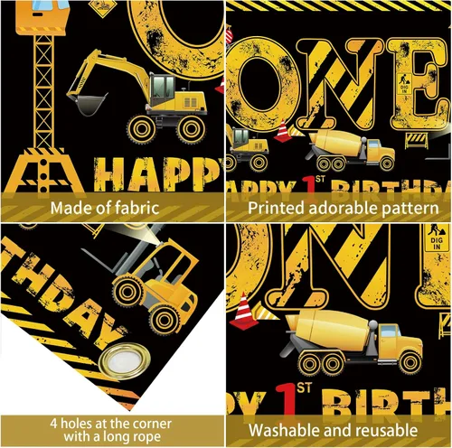Miniatura 4 de Decoraciones de primer cumpleaños para niños, tema de excavadora y camión volquete, decoraciones de banner de primer cumpleaños, banner de Negro 1st