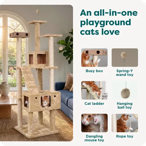 Miniatura 6 de Ascentials - Grand Suite Cat Scratcher Playground - Estructura de juego de torre alta para gatos, áreas de rascado de sisal, fieltro gris, chapa