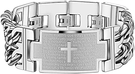 GOVENUS Pulsera de pulsera vintage de acero inoxidable con cruz inglesa de señores de la Biblia para hombre, color doradonegroplateado, Acero