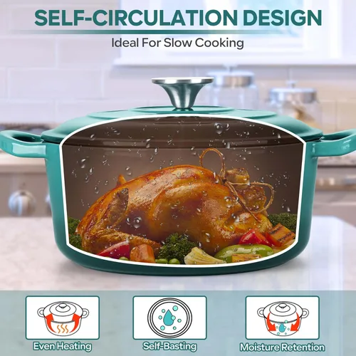 Miniatura 5 de Herogo Horno holandés de hierro fundido esmaltado con tapa, olla holandesa redonda resistente de 3 cuartos de galón con asas dobles para hornear