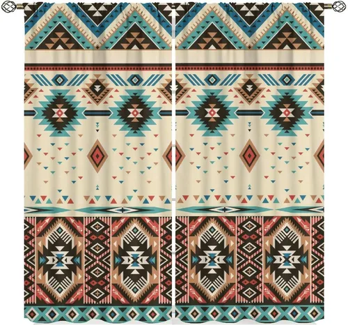 Miniatura 13 de Cortinas aztecas, patrón étnico tribal nativo del suroeste, estilo bohemio occidental, geométrico, tratamientos de ventana para sala de estar, juego