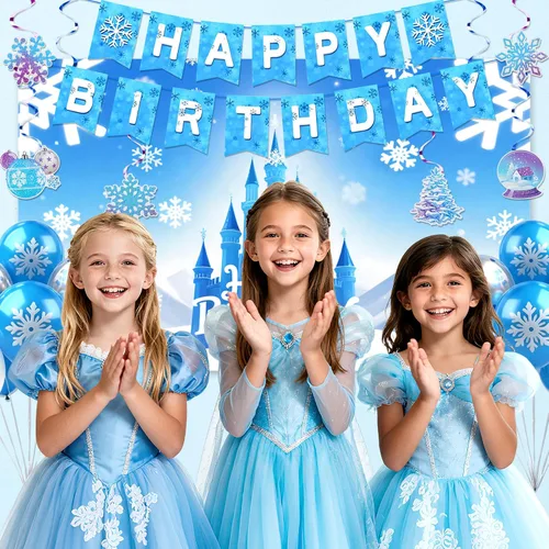 Miniatura 7 de Decoraciones de fiesta de cumpleaños de Frozen, suministros de fiesta de copos de nieve de invierno con pancarta de feliz cumpleaños, telón
