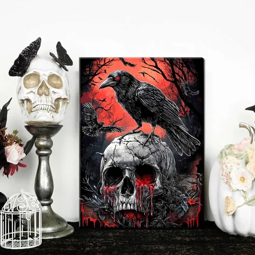 Miniatura 6 de Lienzo de pared de Halloween con marco de madera gótica para sala de estar, juego de 3 impresiones románticas de cuervo y mariposa, decoración