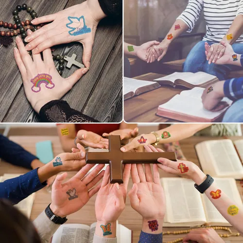 Miniatura 5 de Landhoow 240 piezas de tatuajes de Jesús te ama, tatuajes temporales con purpurina para la cara, calcomanías para el cuerpo, accesorio de disfraz