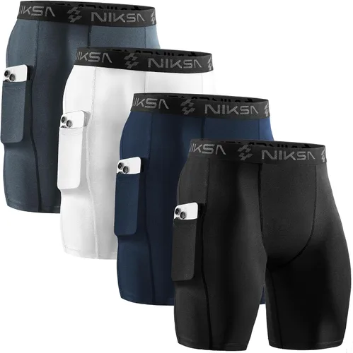 Miniatura 8 de Niksa Paquete de 2/4 pantalones cortos de compresión para hombre con bolsillo, pantalones cortos de elastano para correr, deportes, atletismo