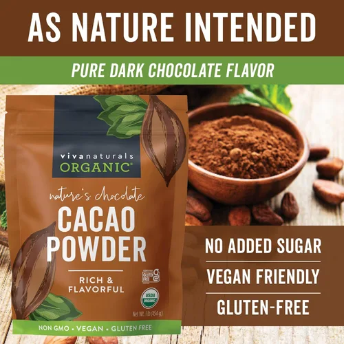 Miniatura 8 de Viva Naturals Cacao en polvo orgánico, 1 libra, cacao en polvo sin azúcar con rico sabor a chocolate negro, perfecto para hornear y batidos, sin