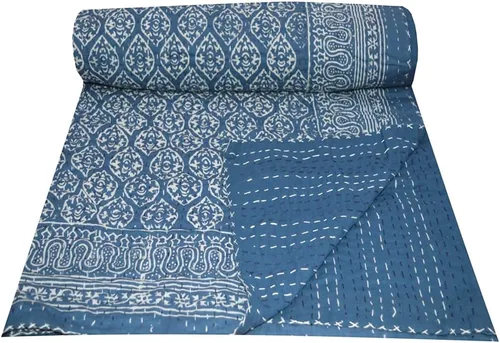 Indain Hand - Colcha vintage Kantha con estampado de bloques, color azul índigo, tamaño individual