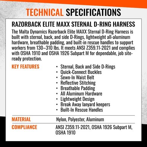 Miniatura 9 de Malta Dynamics Razorback Elite MAXX - Arnés de seguridad y kit de protección contra caídas con cinturón de soporte lumbar cosido y asas de rescate