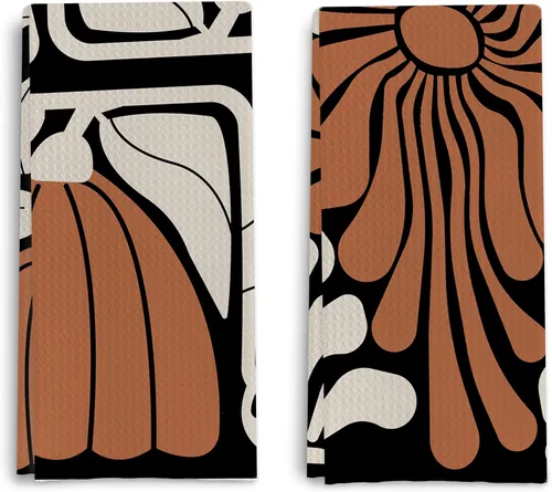 Toallas de cocina florales en blanco y negro, toallas de mano retro de los años 70 para decoración de baño, paños de cocina botánicos minimalistas