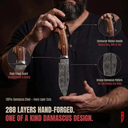 Miniatura 3 de BIGCAT ROAR Beast Hunter - Cuchillo de caza de hoja fija de acero de Damasco hecho a mano de 10" - Mango de madera de nogal y funda de cuero