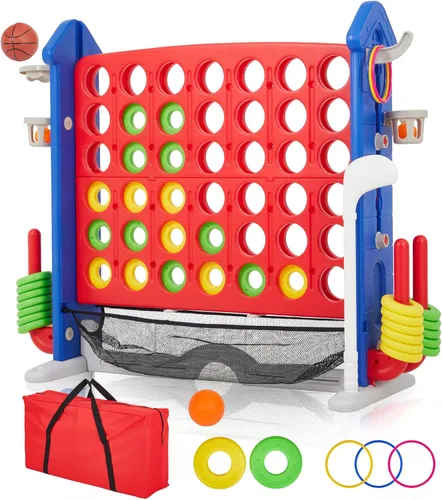 PeakPursuit Juego gigante 4 en fila para niños y adultos, juego familiar al aire libre con altura ajustable, lanzamiento de anillo de baloncesto de