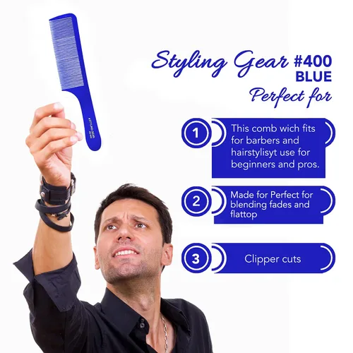 Miniatura 9 de Styling Gear 400 peines de peluquero – Peine para cortar, estilo flexible, mezcla de desvanecimientos – Peines planos para hombre, 2 piezas (azul)