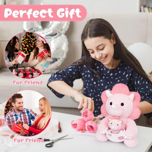 Miniatura 6 de Peluche de dinosaurio rosa, huevo de Pascua de 11.8 pulgadas, peluche de dinosaurio rosa con dinosaurio bebé para niños, peluche Kawaii Triceratops