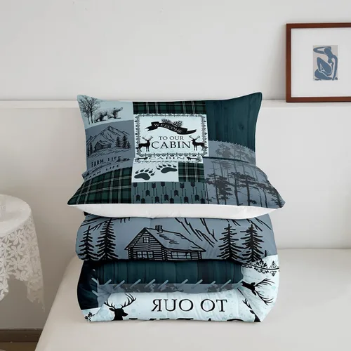 Miniatura 6 de Manfei Rutic Farmhouse - Juego de edredón tamaño King, juego de ropa de cama de retazos de madera a cuadros de ciervo, oso, árbol, 3 piezas