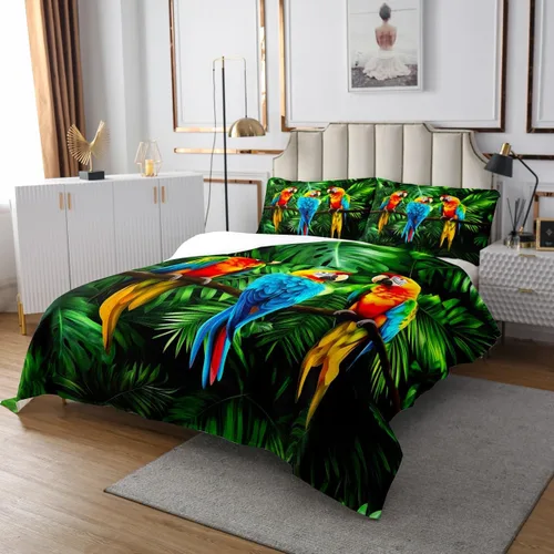 Miniatura 3 de Erosebridal Juego de colcha de loros con plumas de animales en acuarela, juego de colcha de hojas de palma, plantas tropicales, pájaros, cómodo