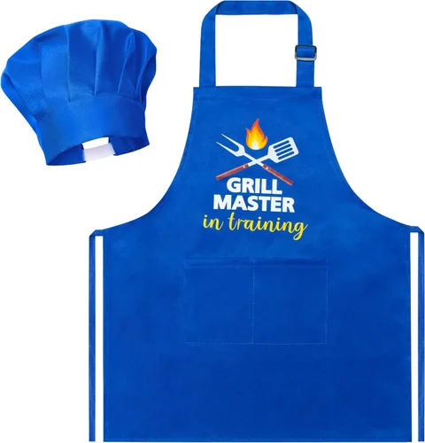 Miniatura 17 de R HORSE Juego de delantal y sombrero de chef para niños, 2 piezas, mini parrilla ajustable, delantal de cocina para niños, juego de rol, juguete