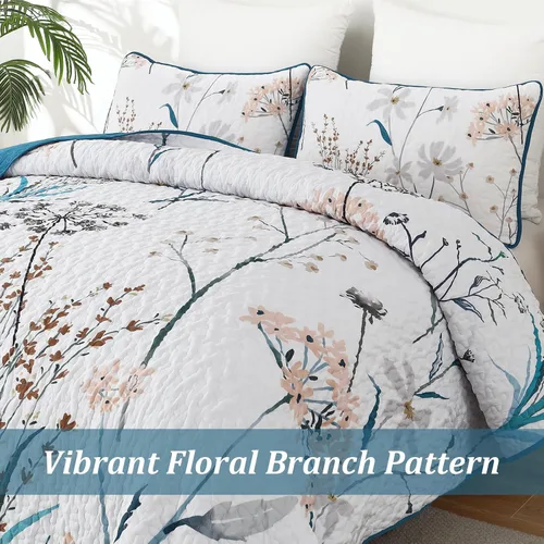 Miniatura 6 de Dobuyly - Juego de edredón para cama tamaño Queen, con diseño floral botánico en color teja, juego de edredón de 3 piezas, de microfibra suave