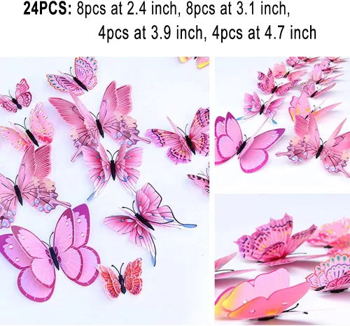 Miniatura 2 de BOPART - 24 calcomanías de mariposa 3D para decoración de fiestas, mariposas rosas, decoración de pared, mariposa magnética para manualidades