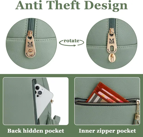 Miniatura 4 de Mini mochila antirrobo para mujer, bonita mochila escolar para adolescentes y niñas con cremallera segura y borla, forro polar verde con licencia