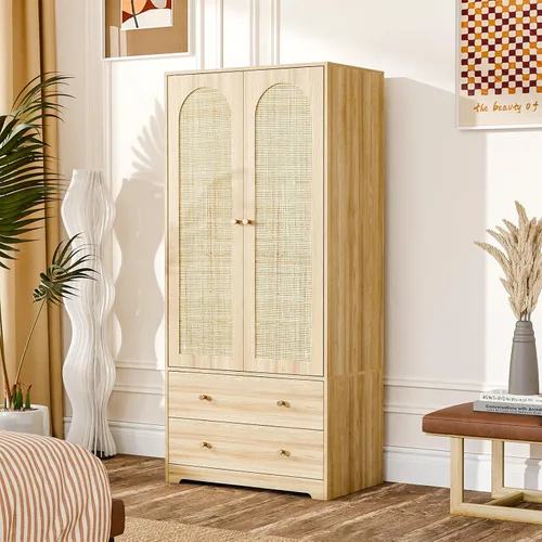 VINGLI Armario con puertas y cajones, Armario de ratán con barra para colgar, Armario de ratán con estantes y puertas, Armario de madera para colgar