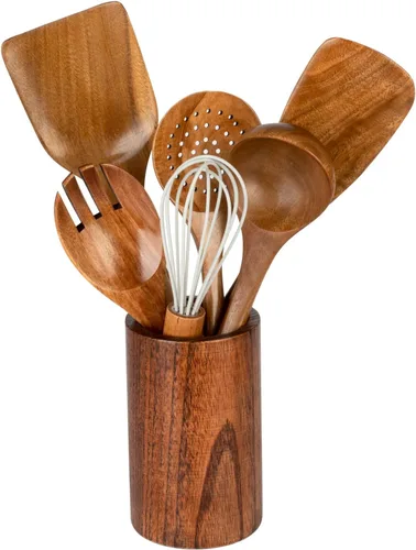 Miniatura 9 de Juego de utensilios de cocina de madera, 5 cucharas de madera de acacia natural para cocinar para sartén antiadherente, juego de utensilios