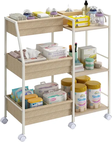 Miniatura 8 de Carrito organizador de pañales para bebé, carrito de ruedas rodantes de 3 niveles con separadores y estantes, carrito de utilidad de cabecera