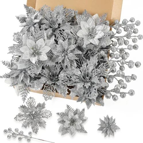 Miniatura 9 de N&T NIETING - Kit de 24 piezas de flores artificiales de Pascua y tallos con bayas y purpurina para Navidad, adornos florales para árbol de Navidad