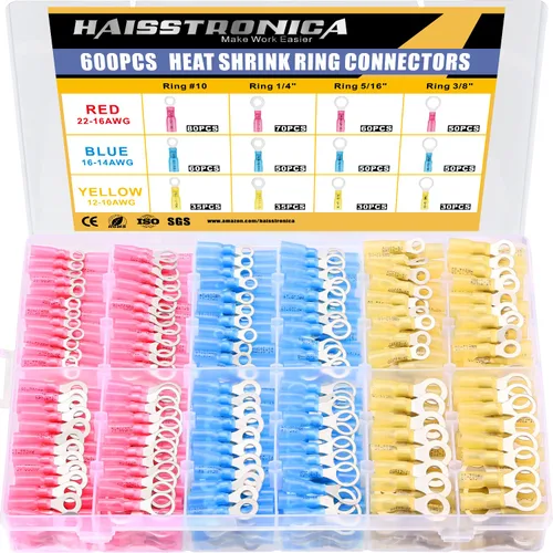 Miniatura 14 de haisstronica Terminales de anillo, 100 conectores de anillo termorretráctil de grado marino, conectores de cable amarillo, cobre rojo estañado #10