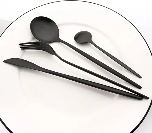 Miniatura 5 de Juego de cubiertos de 24 piezas con acabado mate, cubiertos básicos de acero inoxidable 18/0 para el hogar, cocina, boda, fiesta y restaurante, Negro