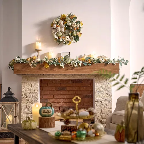 Miniatura 4 de Valery Madelyn Guirnalda de otoño para manto, guirnalda de hojas de cordero de 6 pies con luces, calabazas blancas, centro de mesa de Acción
