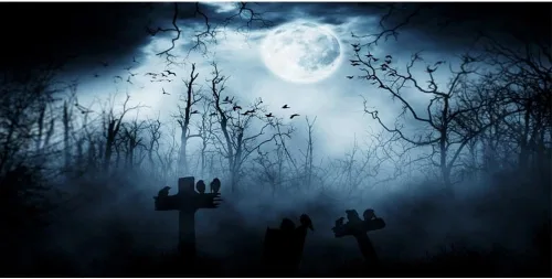 Miniatura 6 de Leyiyi Telón de fondo gótico de Halloween de 5 x 3 pies, grunge, cementerio, tumba, piedra cruz, cuervos, bosque brumoso, luna llena, murciélagos