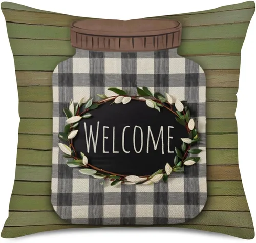 Miniatura 4 de Fukeen Juego de 4 fundas de almohada vintage a cuadros de búfalo con texto en inglés "Welcome Home Sweet Home" con frase "Welcome Home Sweet Home