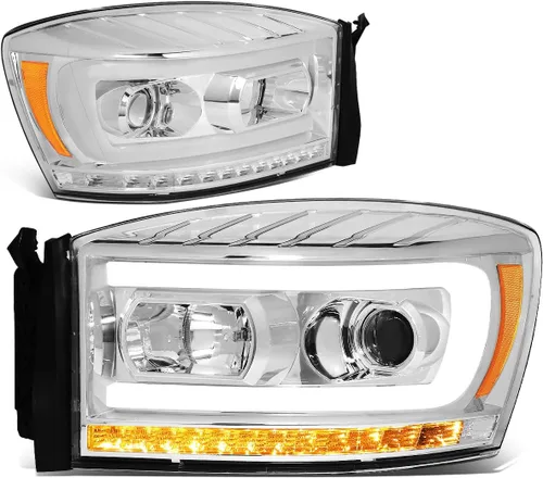 DNA MOTORING HL-HPL-RM06-G-CH-AM LED U-Bar DRL Faros de señal de giro perseguidores compatibles con Dodge Ram 1500 06-08/Dodge Ram 2500 3500 06-09,