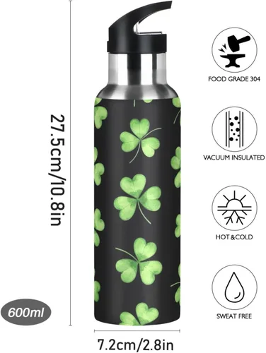 Miniatura 9 de Green Shamrocks Clovers Black Stainless Steel Vacuum Insulated Water Bottle 20 Oz, BPA-Free Sports Water Bottle with Straw Leakproof Water Bottles