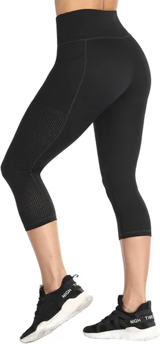 Miniatura 4 de RAYPOSE Leggings de entrenamiento para mujer con bolsillos, talla grande, para gimnasio, cintura alta, pantalones de yoga capri con corte de malla