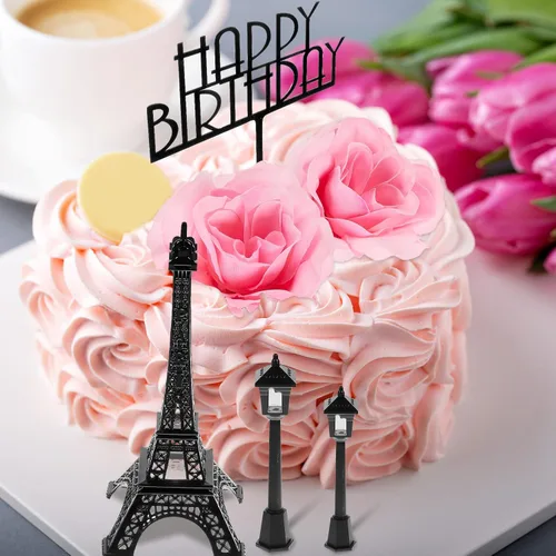 Miniatura 5 de Juego de 8 decoraciones para tartas de la Torre Eiffel de París, decoración romántica de 7 pulgadas con lámpara de calle y rosa para cumpleaños