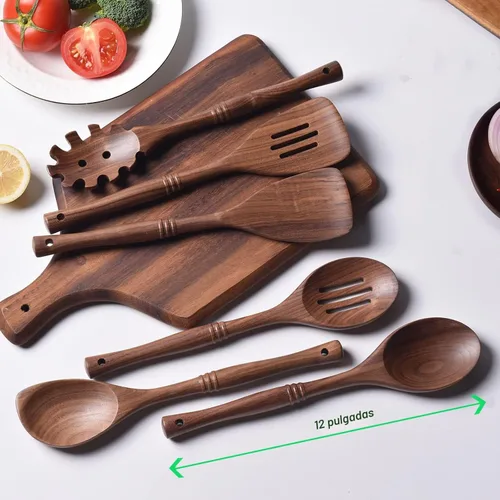 Miniatura 2 de Gudamaye Utensilios de madera de nogal negro de 12 pulgadas, juego de 6 cucharas para manualidades para cocinar