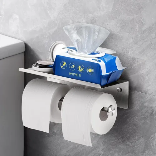 Miniatura 8 de YUMORE Soporte de papel higiénico, soporte de papel higiénico de acero inoxidable 304 para baño, doble rollo de papel higiénico con estante, Acabado