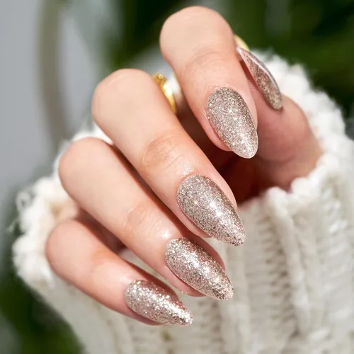 Miniatura 4 de Uñas postizas a presión de color almendra mediana, color dorado champán, brillante, kit de puntas de uñas postizas con mini lima de uñas, ajuste