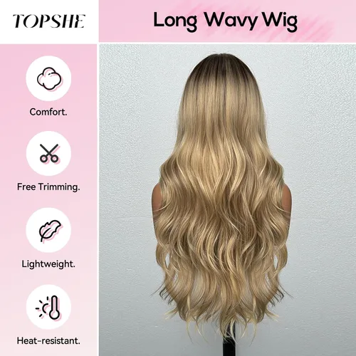 Miniatura 3 de topshe Peluca ondulada de color rubio ceniza con flequillo, cabello sintético resistente al calor para mujeres, capas de mariposa preestilizadas