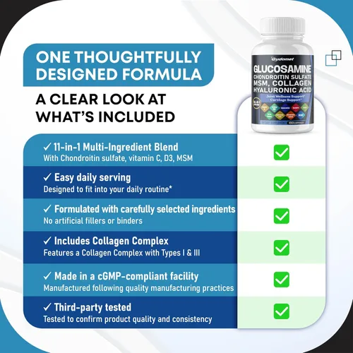 Miniatura 6 de Glucosamina Condroitina Sulfato Metilsulfonilmetano Ácido Hialurónico Cúrcuma Jengibre Vitamina C, D3, Pimienta Negra -150 Cápsulas